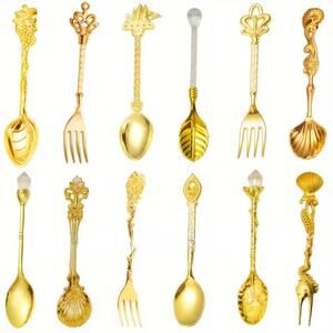 12Pcs Vintage Style Gold Mini Spoons & Forks Set – For Coffee, Dessert, Tea